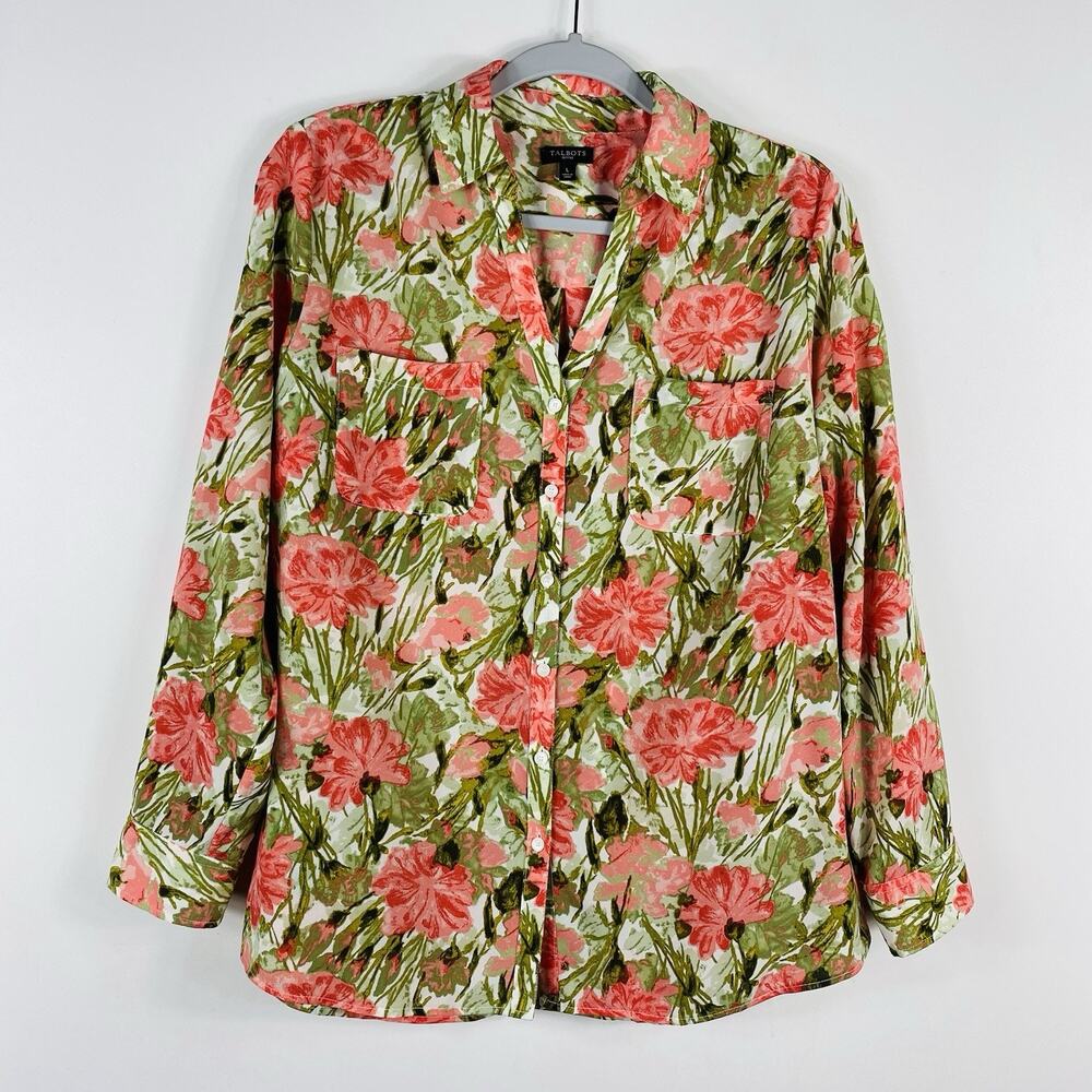 Talbots Button Top Large Petite Floral Print Long Sleeve Pink Blouse Shirt